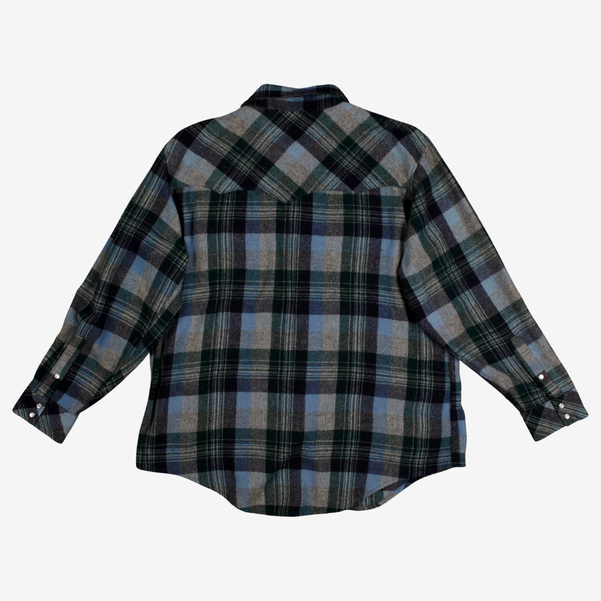 Vintage K Mart Western Flannel Shirt L Mens 80s Pearl Snap Plaid Blue