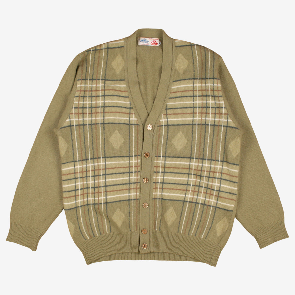 Vintage Monte Carlo Wool Cardigan 38 Mens 70s Angora Plaid Green Grunge