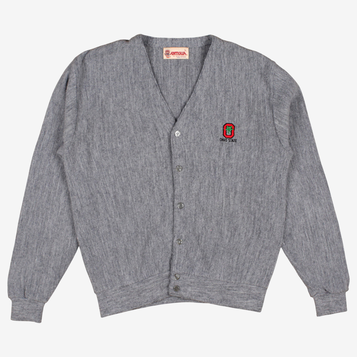 Vintage Antigua Cardigan L Mens 90s Acrylic V-neck Ohio State USA Made Grey Knit
