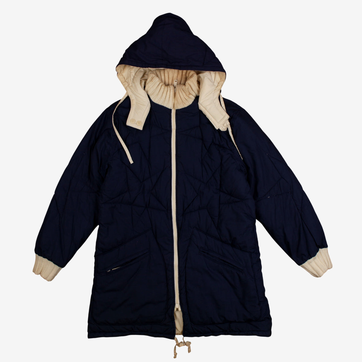 Vintage Puffer Jacket L Womens 80s Blue Hooded Coat Full Zip Quilted Navy Parka