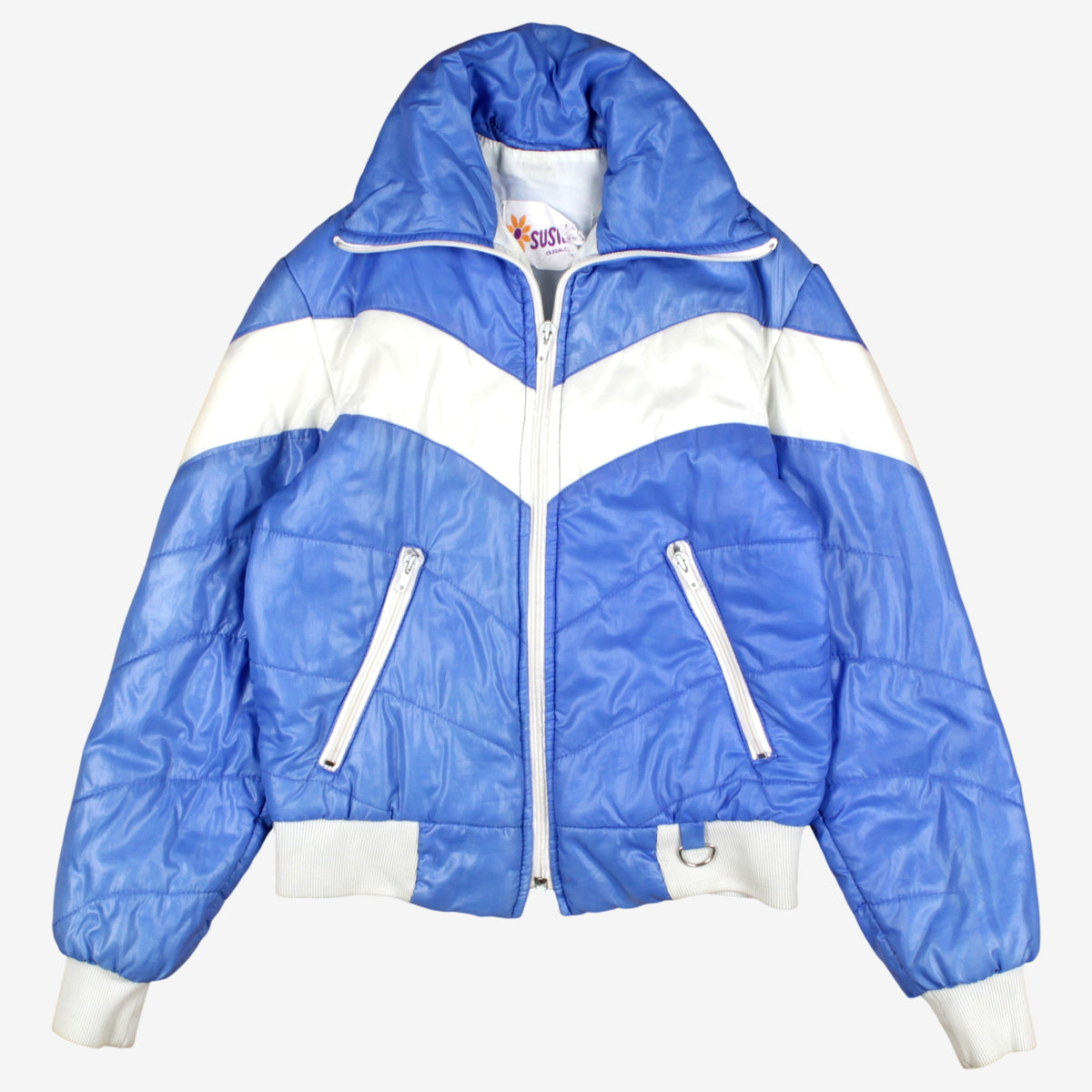Vintage Susie Casuals Bomber Jacket M Womens 80s Blue Nylon Puffer White Down