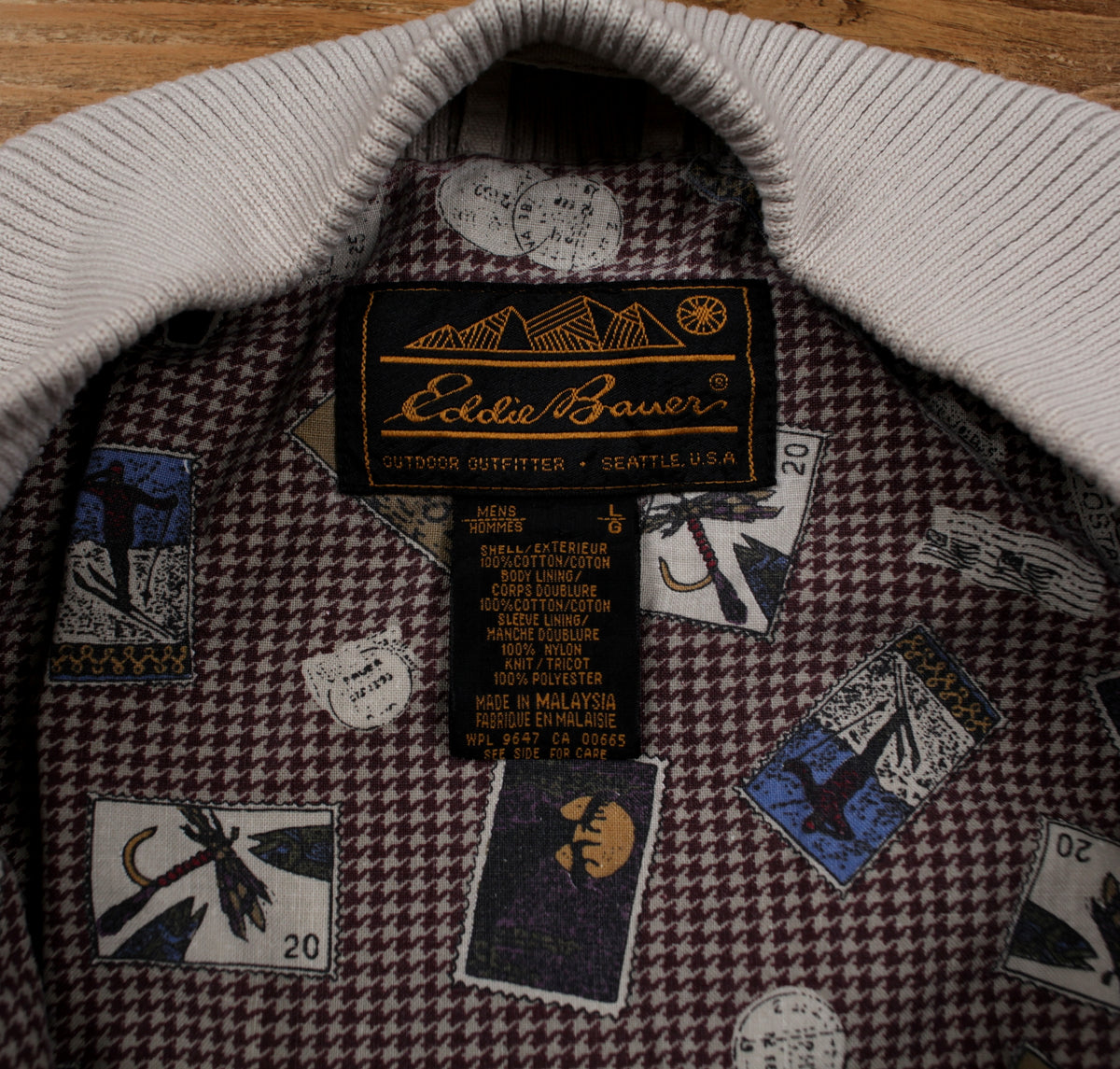 Vintage Eddie Bauer Bomber Jacket L Mens 90s Beige Cotton Lined Outdoor Heritage