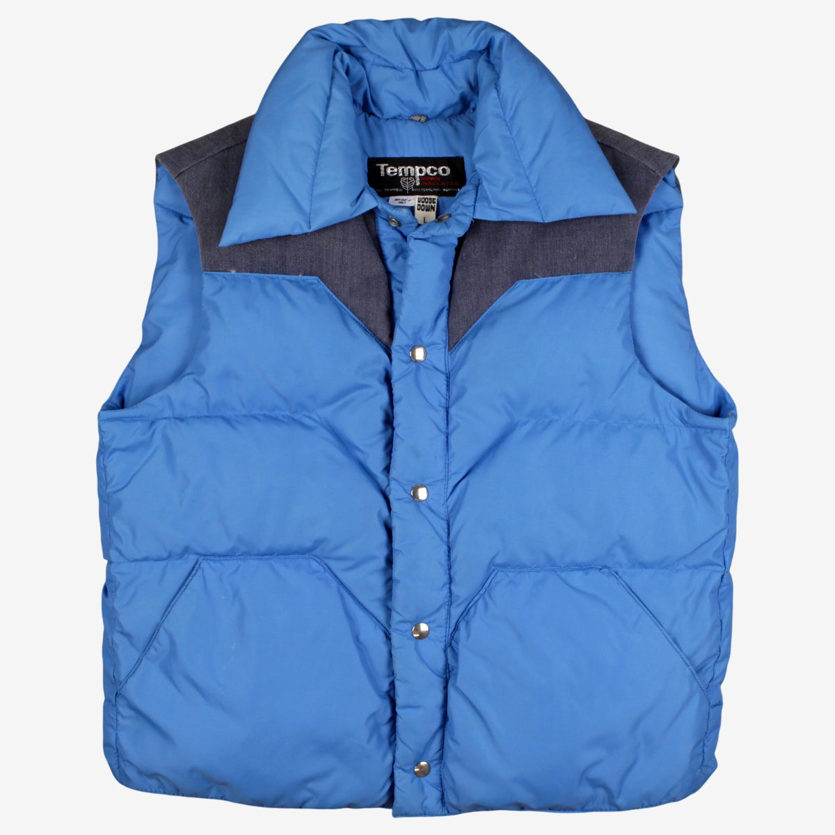 Vintage Tempco Down Vest L Mens 80s Blue Grey Yoke Outdoor Western Gilet Jacket