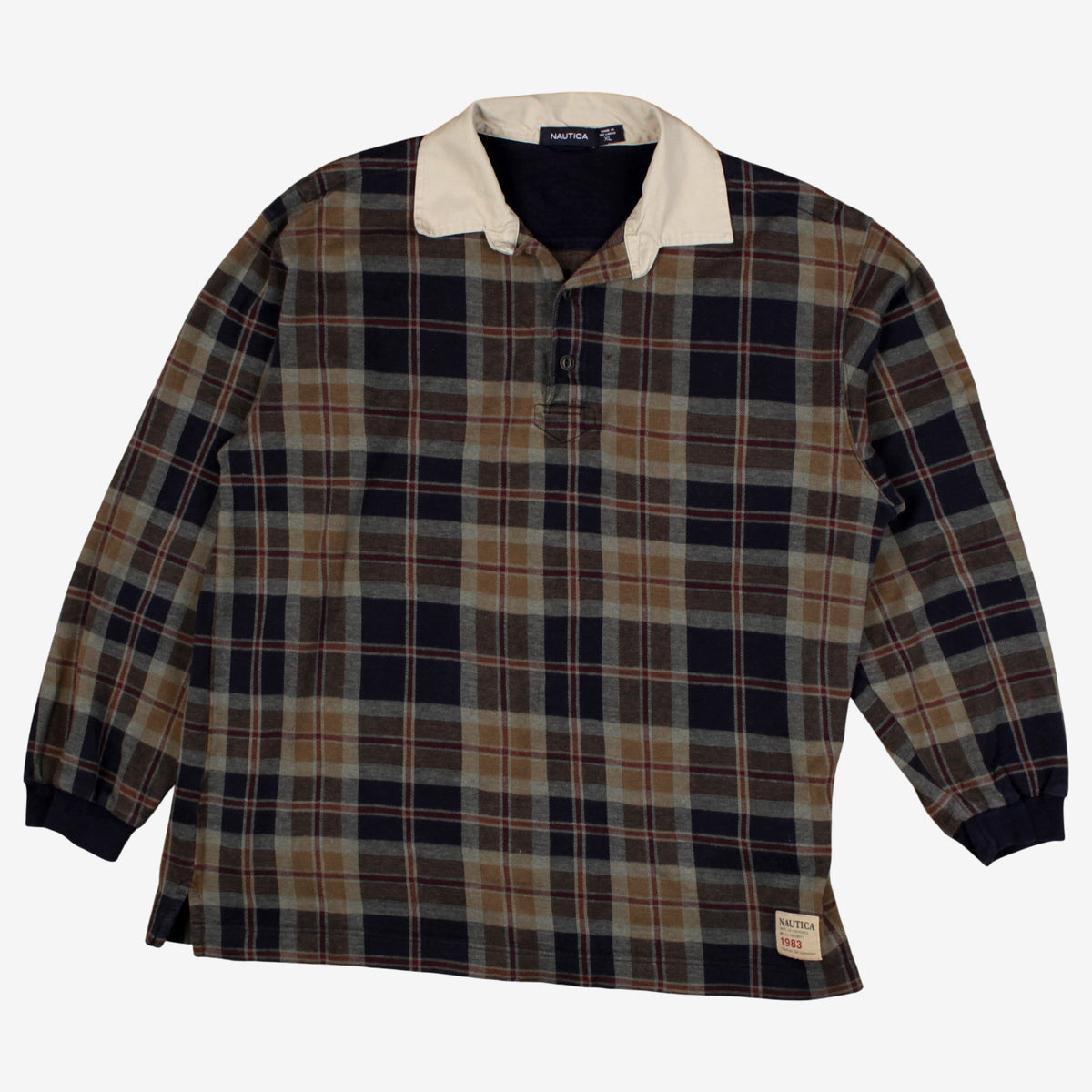 Vintage Nautica Polo Shirt XL Mens 00s Blue Plaid Long Sleeve Preppy Casual