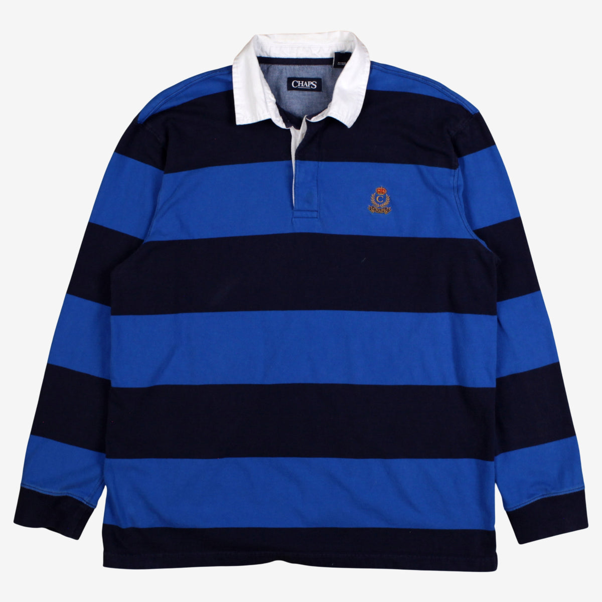Chaps Rugby Shirt XL Mens 00s Blue Striped Embroidered Logo Long Sleeve Preppy