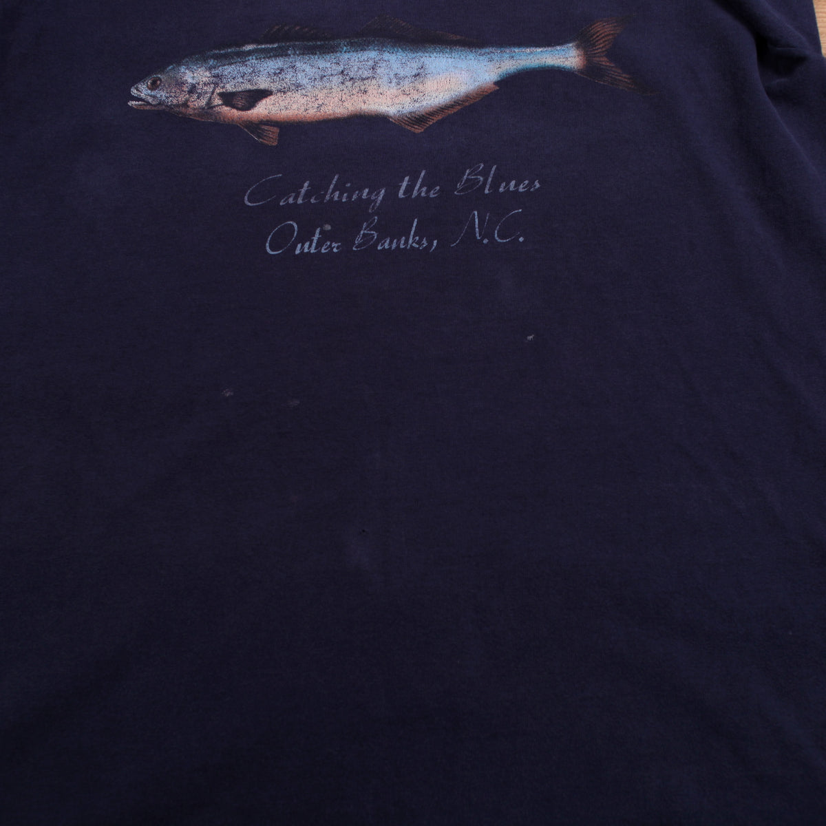 Vintage Anvil Fish T-shirt L Mens 90s Blue USA Made Outer Banks Single Stitch