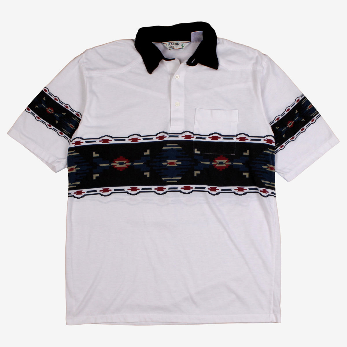 Vintage Prairie Fire Polo Shirt L Mens 90s White Southwestern Pattern Pocket Tee