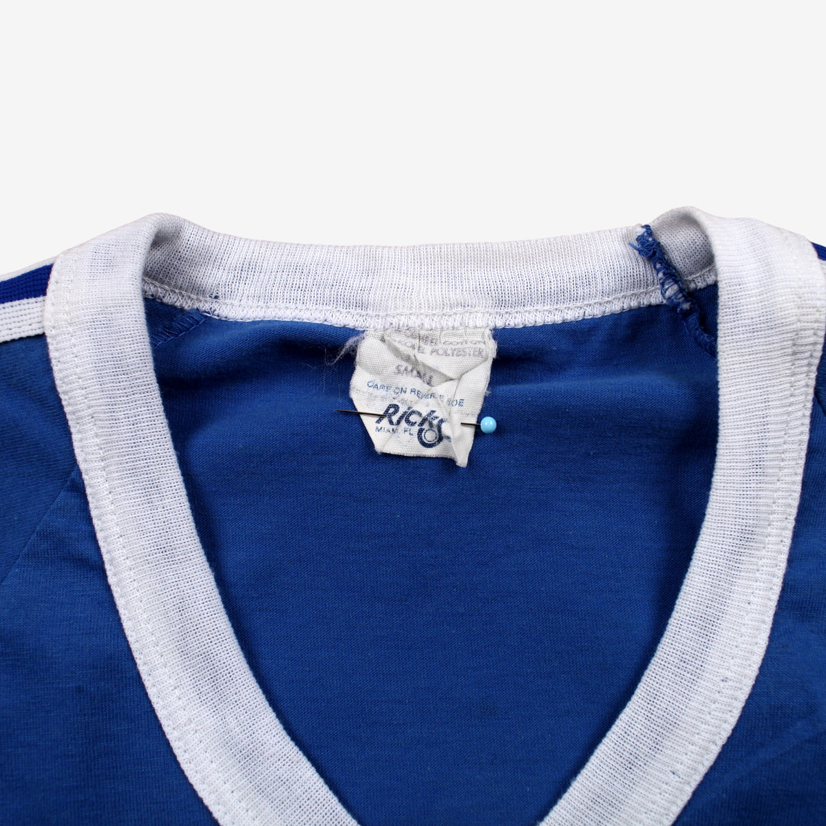 Vintage Ricks Ringer T-shirt S Mens 80s Blue Raglan V-neck Single Stitch