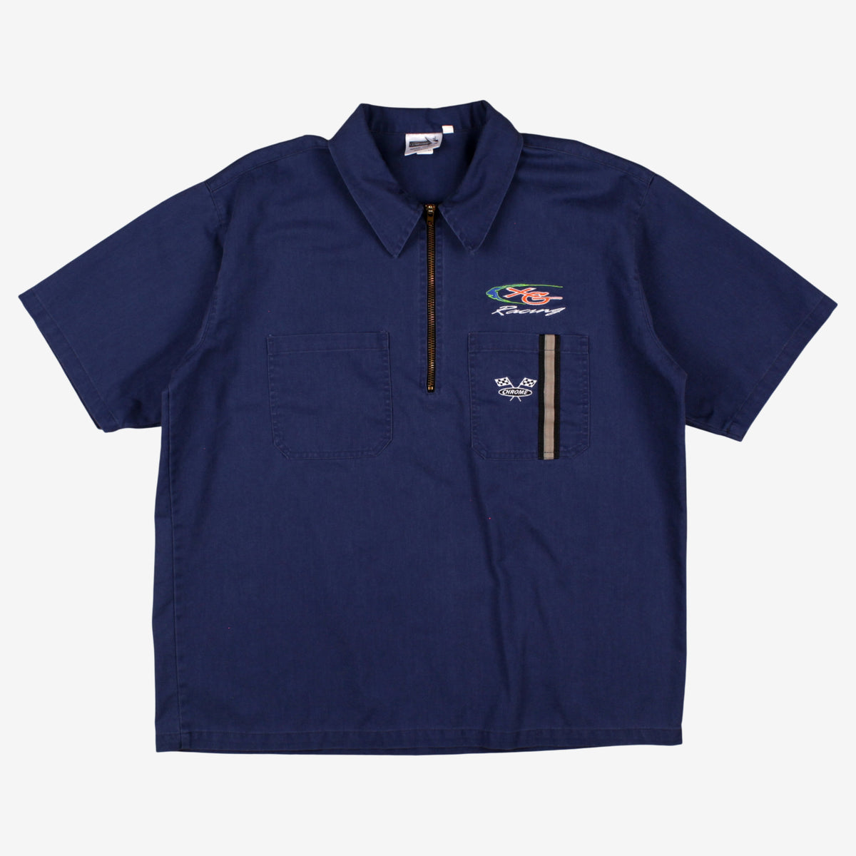 Vintage Chrome Polo Shirt L Mens 90s Blue Rc Racing Graphic 1/4 Zip Pockets