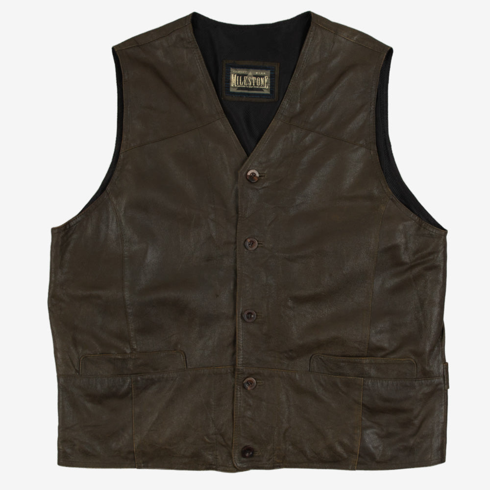 MEN'S VINTAGE 1990S LEATHER GILET VEST JACKET - LARGE