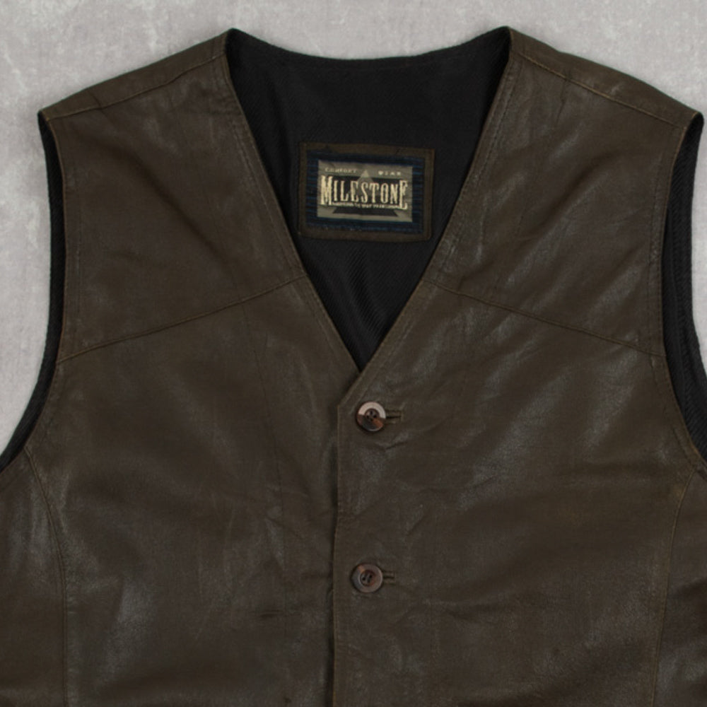 MEN'S VINTAGE 1990S LEATHER GILET VEST JACKET - LARGE