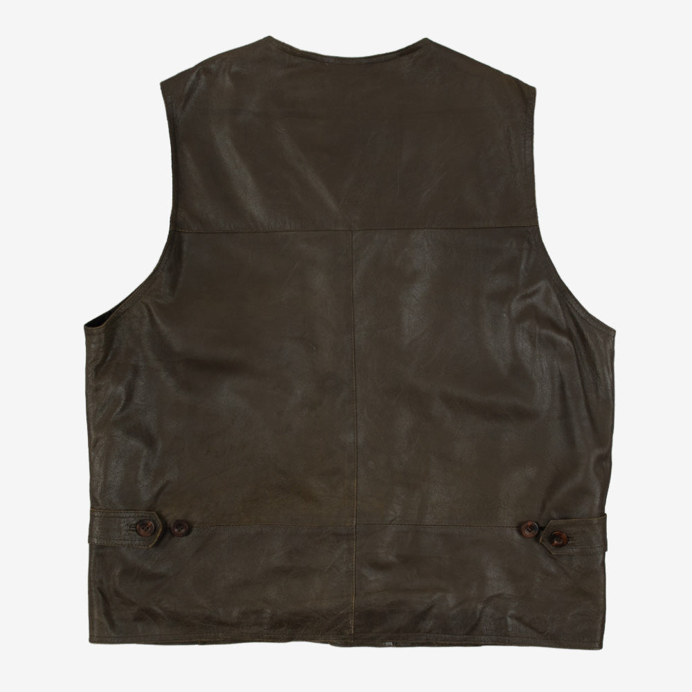 MEN'S VINTAGE 1990S LEATHER GILET VEST JACKET - LARGE