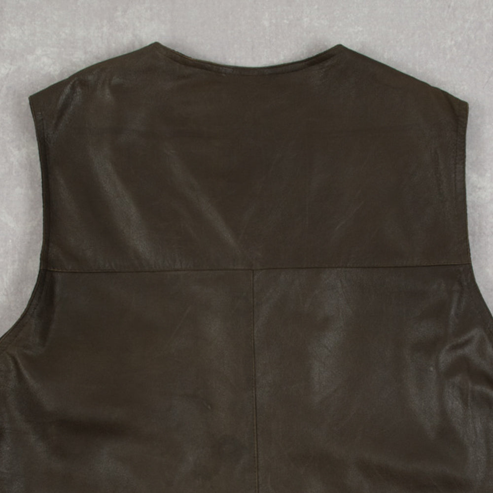 MEN'S VINTAGE 1990S LEATHER GILET VEST JACKET - LARGE