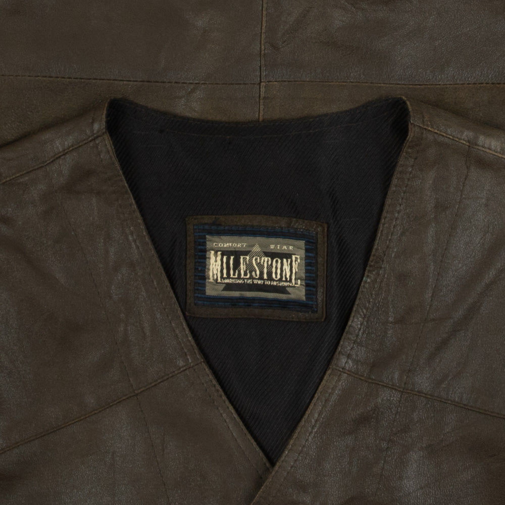 MEN'S VINTAGE 1990S LEATHER GILET VEST JACKET - LARGE