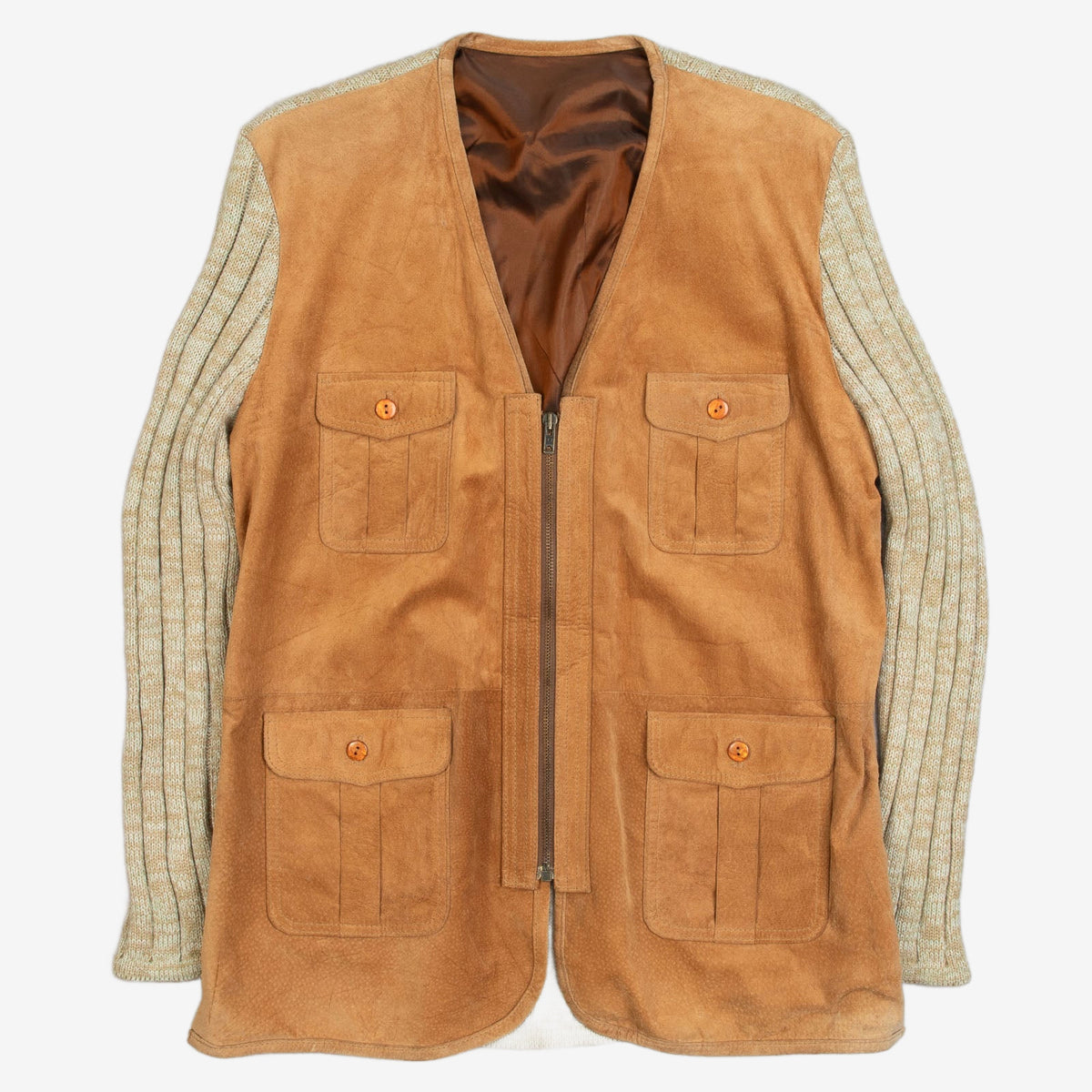 WOMEN'S VINTAGE SUEDE RIBBED KNITTED UTILITY JACKET - LARGE