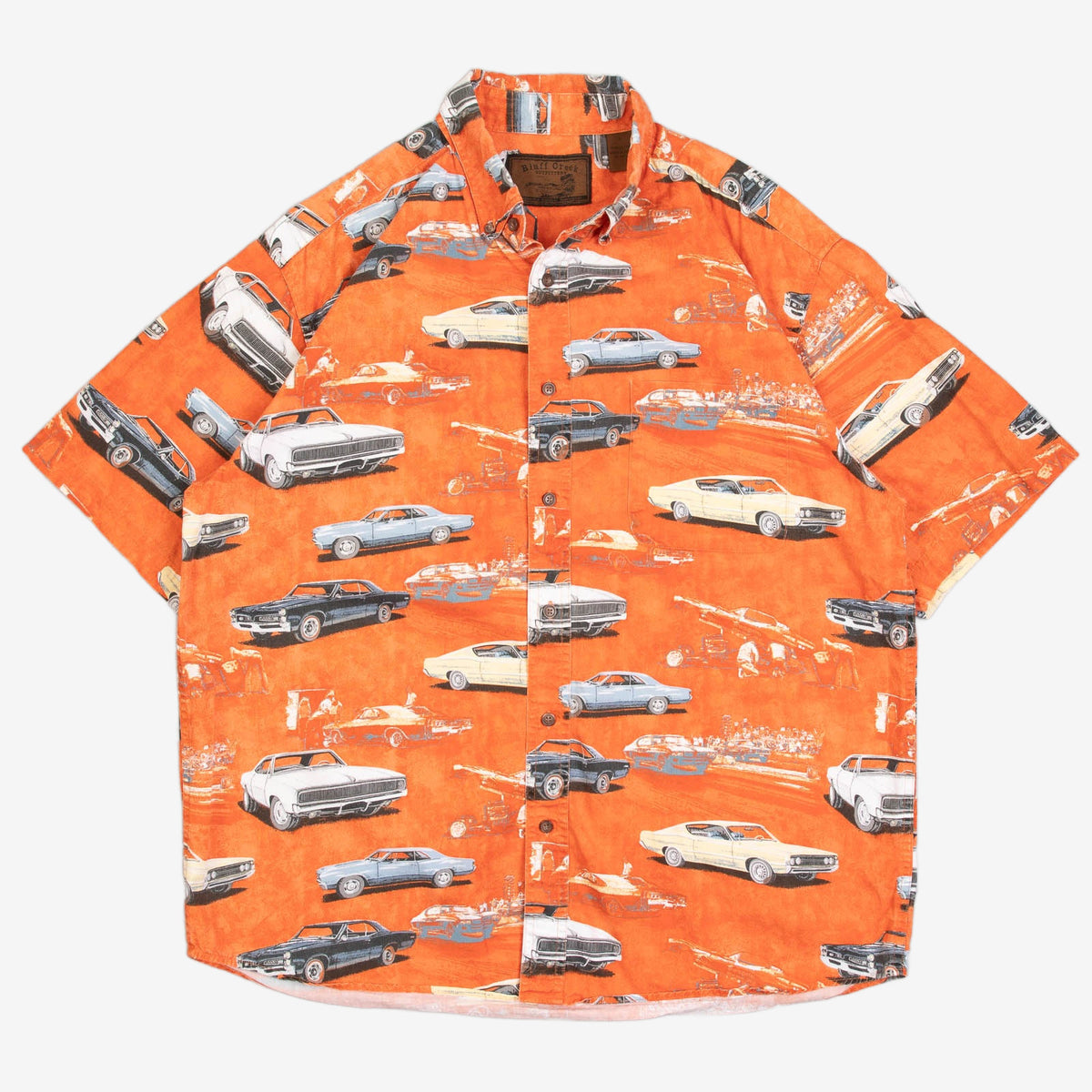 MEN'S VINTAGE 1990S CAR HAWAIIAN SHORT SLEEVE PATTERNED SHIRT - LARGE