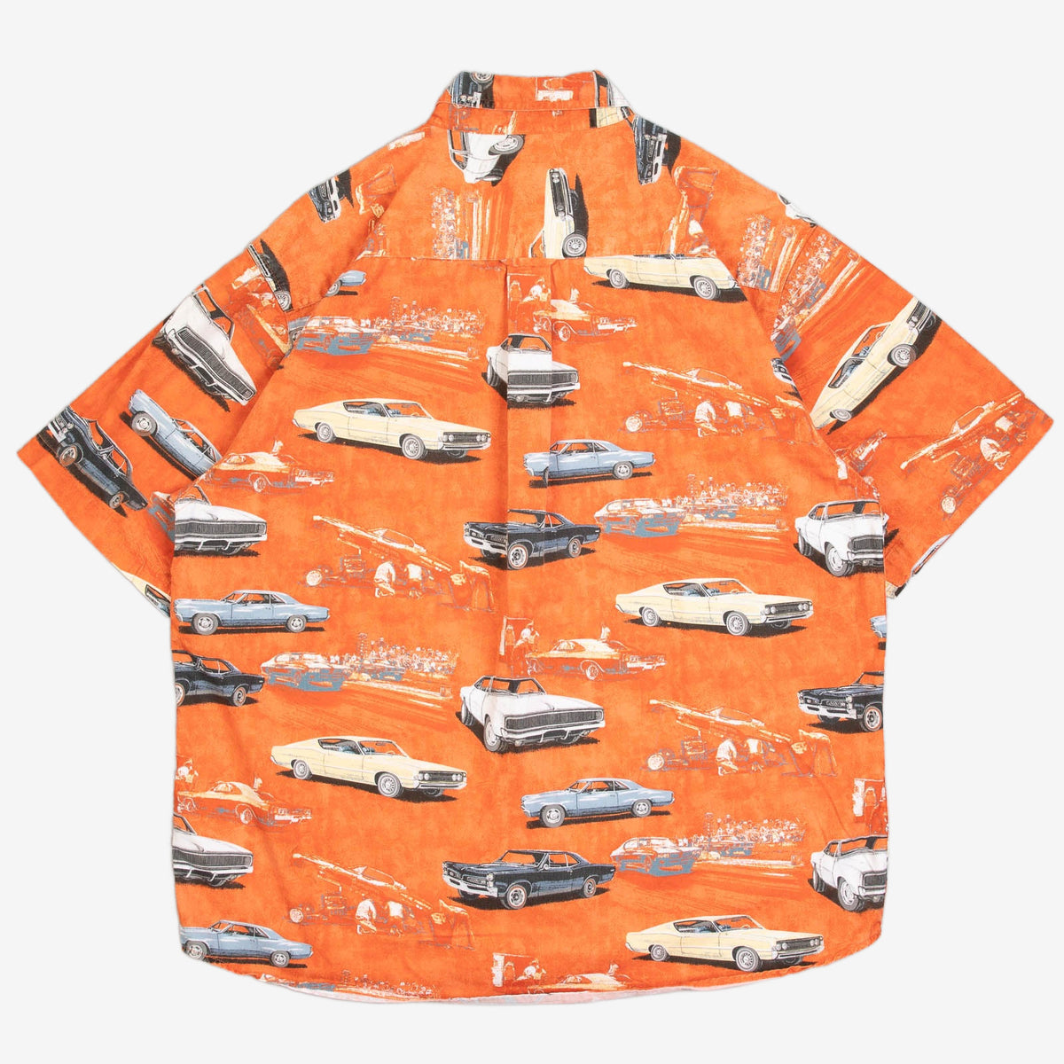 MEN'S VINTAGE 1990S CAR HAWAIIAN SHORT SLEEVE PATTERNED SHIRT - LARGE