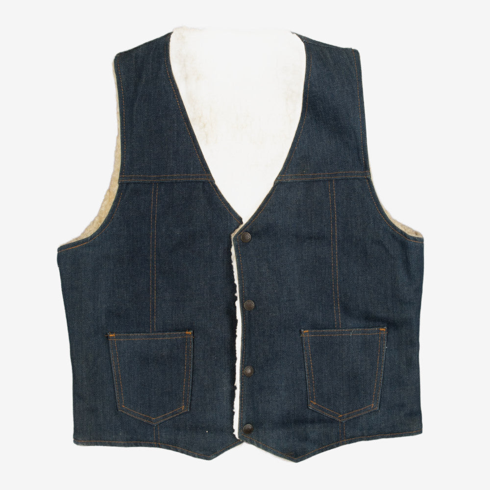 MEN'S VINTAGE 1980S SHERPA LINED DENIM GILET VEST JACKET - MEDIUM