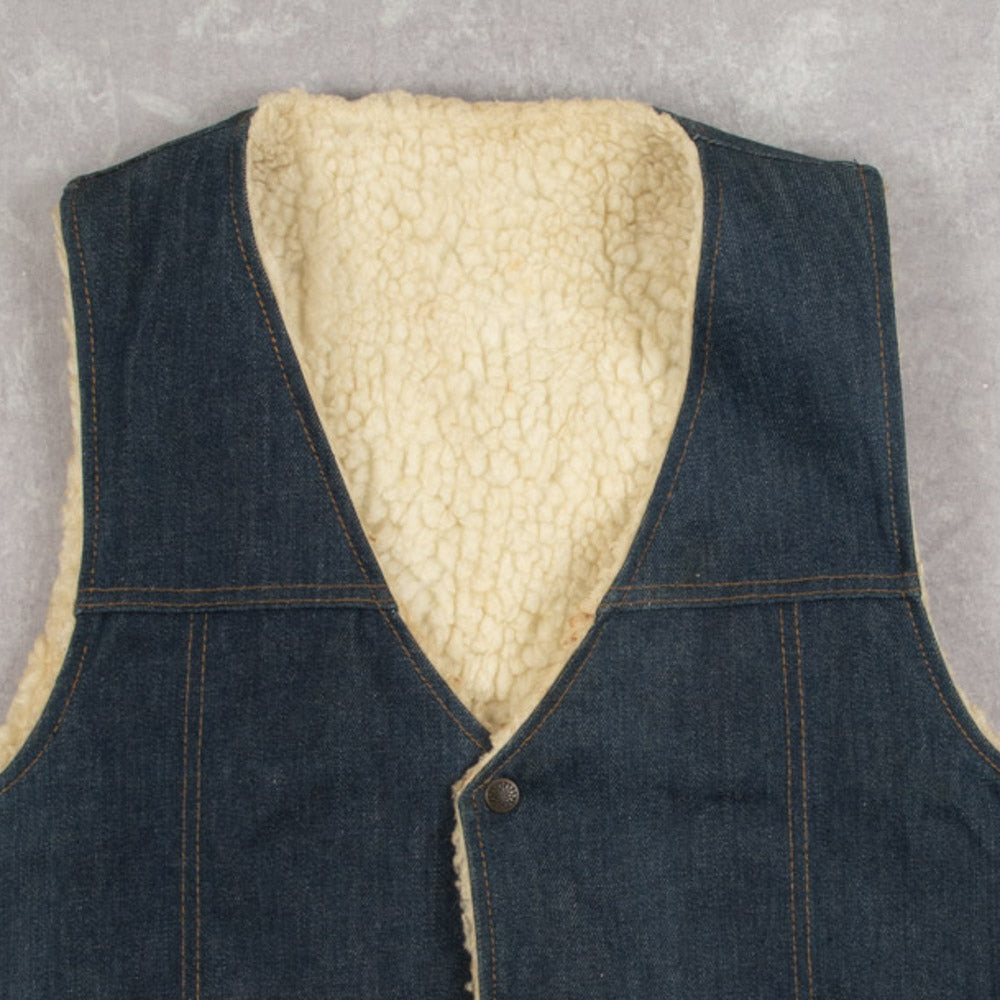 MEN'S VINTAGE 1980S SHERPA LINED DENIM GILET VEST JACKET - MEDIUM