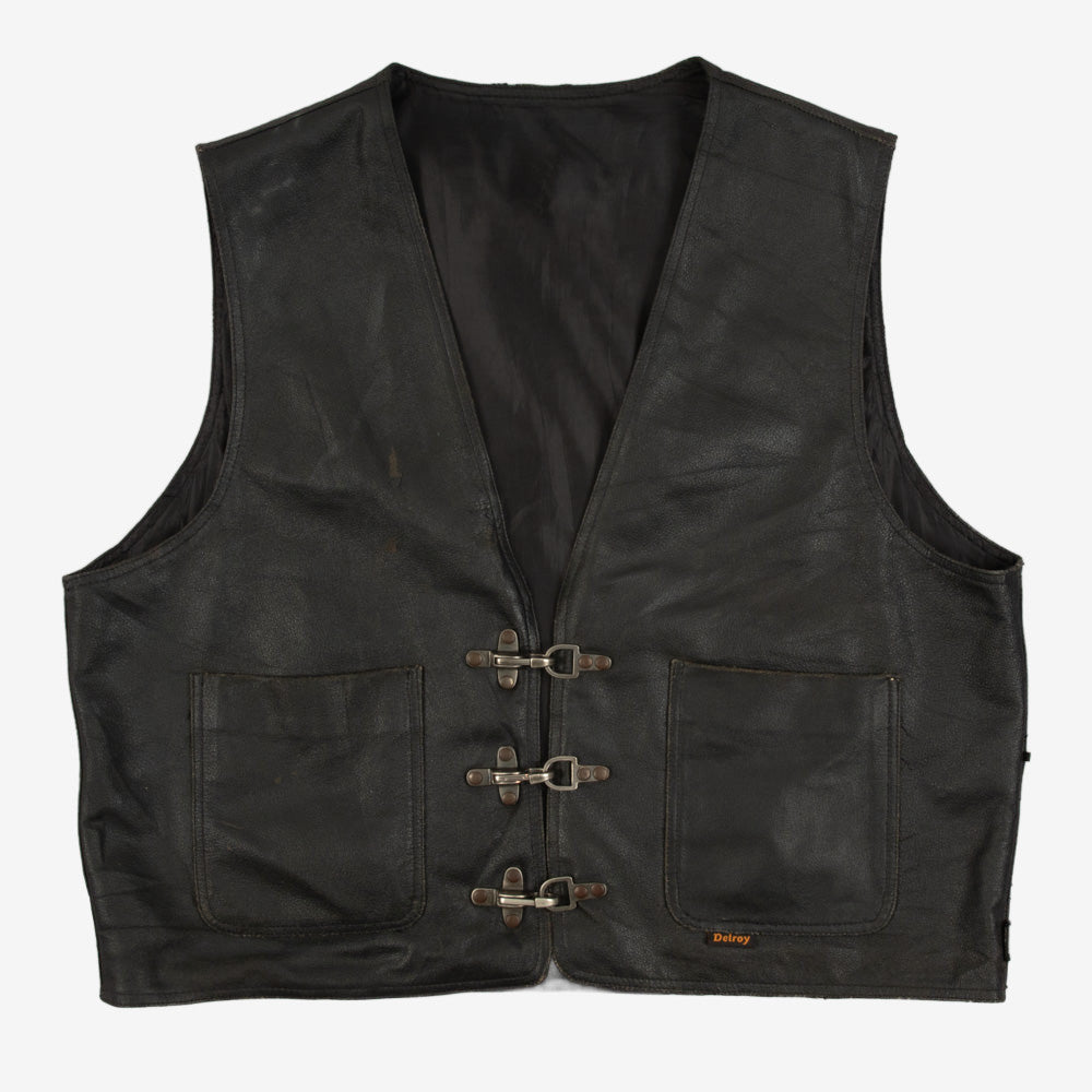 MEN'S VINTAGE 1990S FIREMAN CLASP LEATHER GILET VEST JACKET - MEDIUM