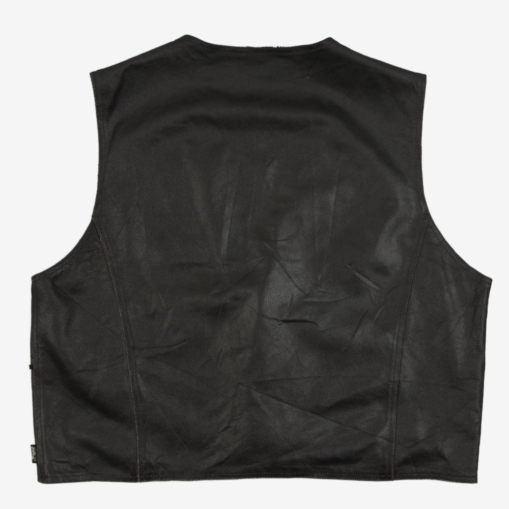 MEN'S VINTAGE 1990S FIREMAN CLASP LEATHER GILET VEST JACKET - MEDIUM