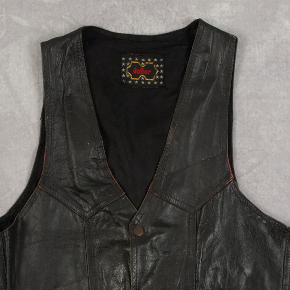 MEN'S VINTAGE 1990S LEATHER GILET VEST JACKET - SMALL