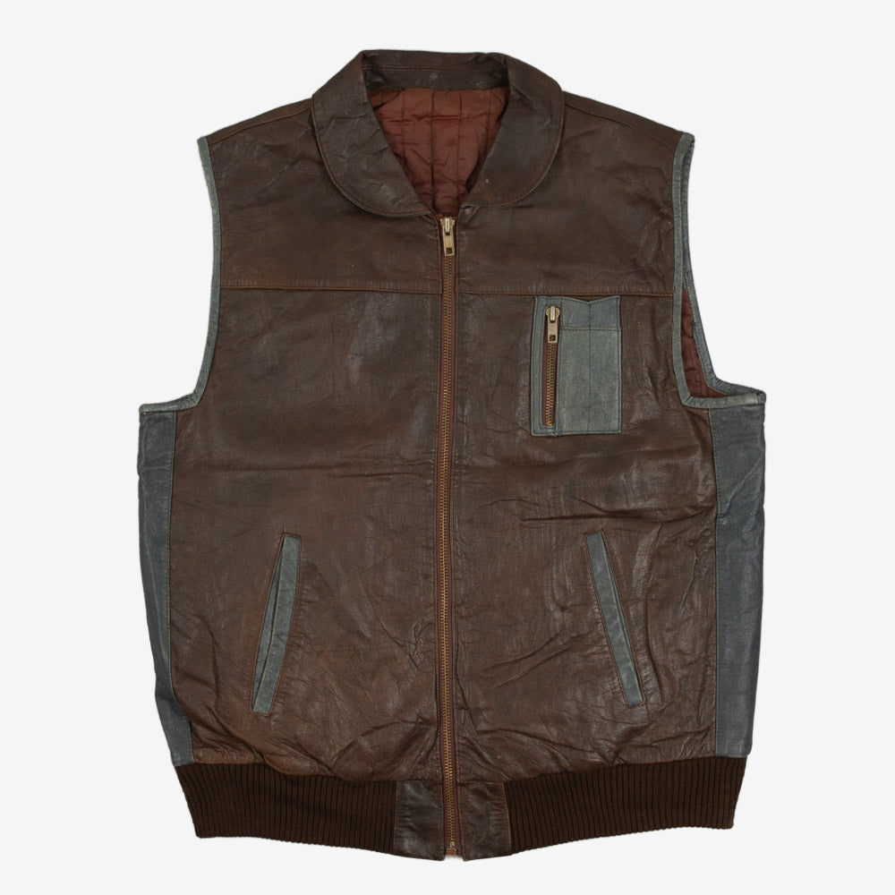 MEN'S VINTAGE 1990S LEATHER GILET VEST JACKET - MEDIUM