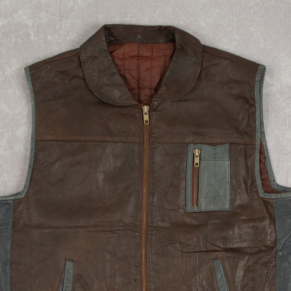 MEN'S VINTAGE 1990S LEATHER GILET VEST JACKET - MEDIUM