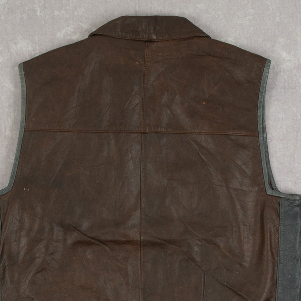 MEN'S VINTAGE 1990S LEATHER GILET VEST JACKET - MEDIUM