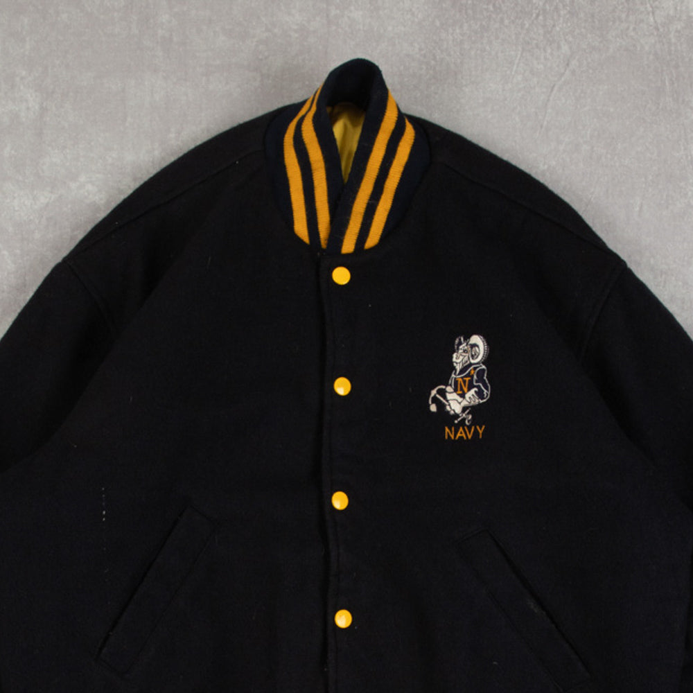 MEN'S VINTAGE NAVY ACADEMY FOOTBALL VARSITY JACKET - X-LARGE