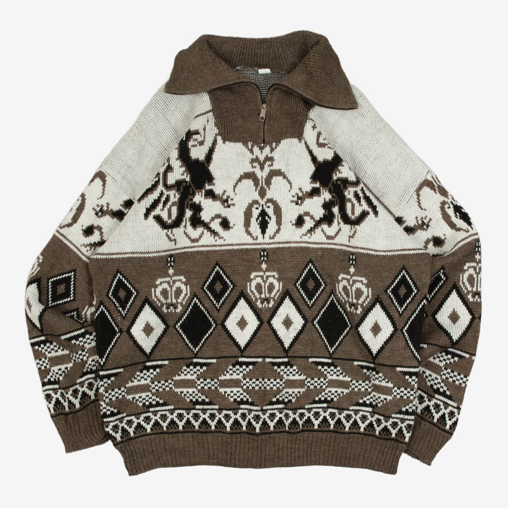 MEN'S VINTAGE 1990S PATTERNED KNITTED QUARTER ZIP JUMPER - X-LARGE