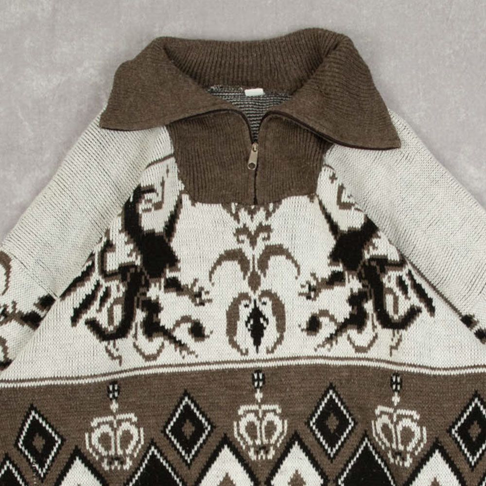 MEN'S VINTAGE 1990S PATTERNED KNITTED QUARTER ZIP JUMPER - X-LARGE
