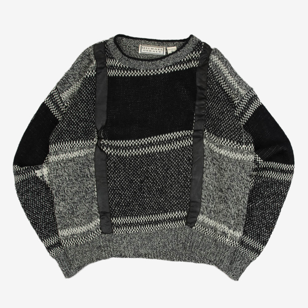 MEN'S VINTAGE 1990S LEATHER PATCH PATTERNED KNITTED JUMPER - MEDIUM