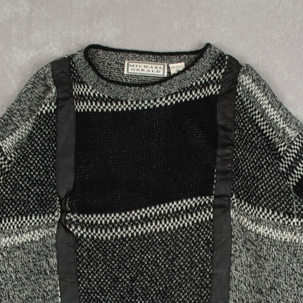 MEN'S VINTAGE 1990S LEATHER PATCH PATTERNED KNITTED JUMPER - MEDIUM