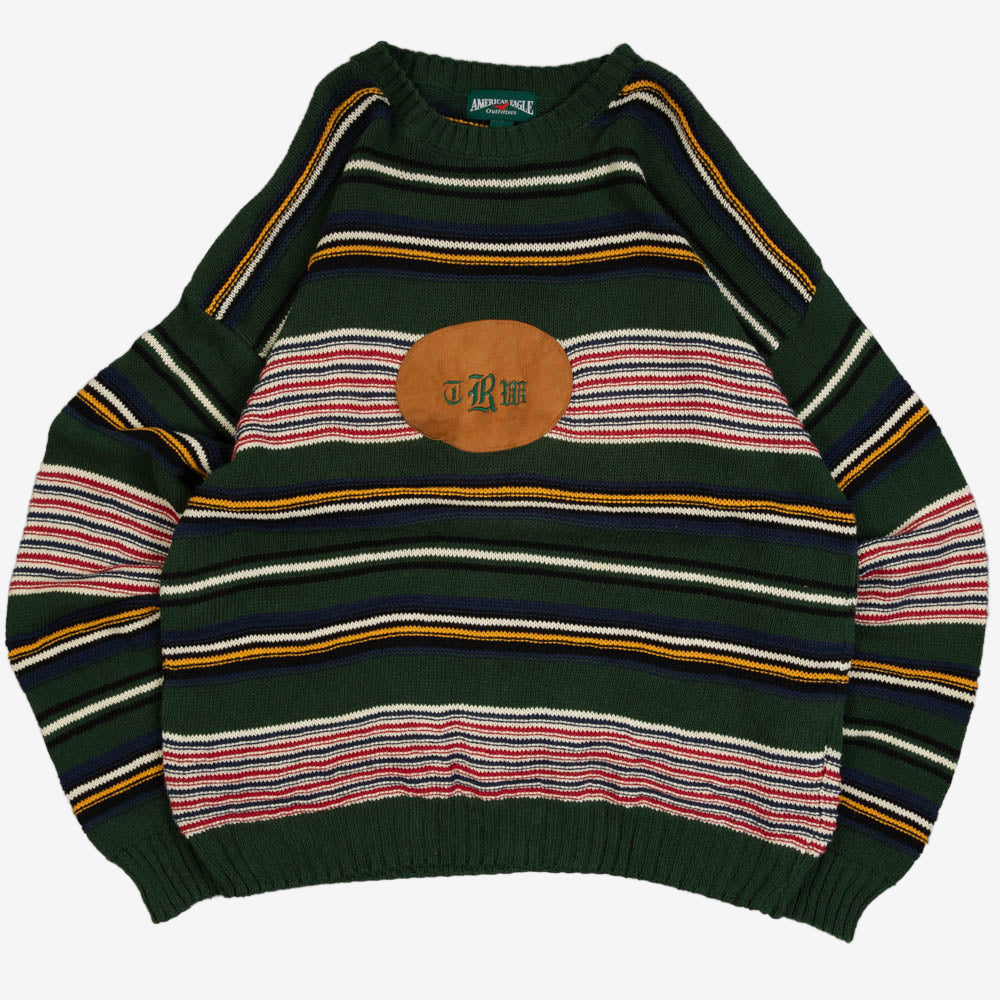 MEN'S VINTAGE 1990S STRIPED IRISH KNITTED JUMPER - XX-LARGE
