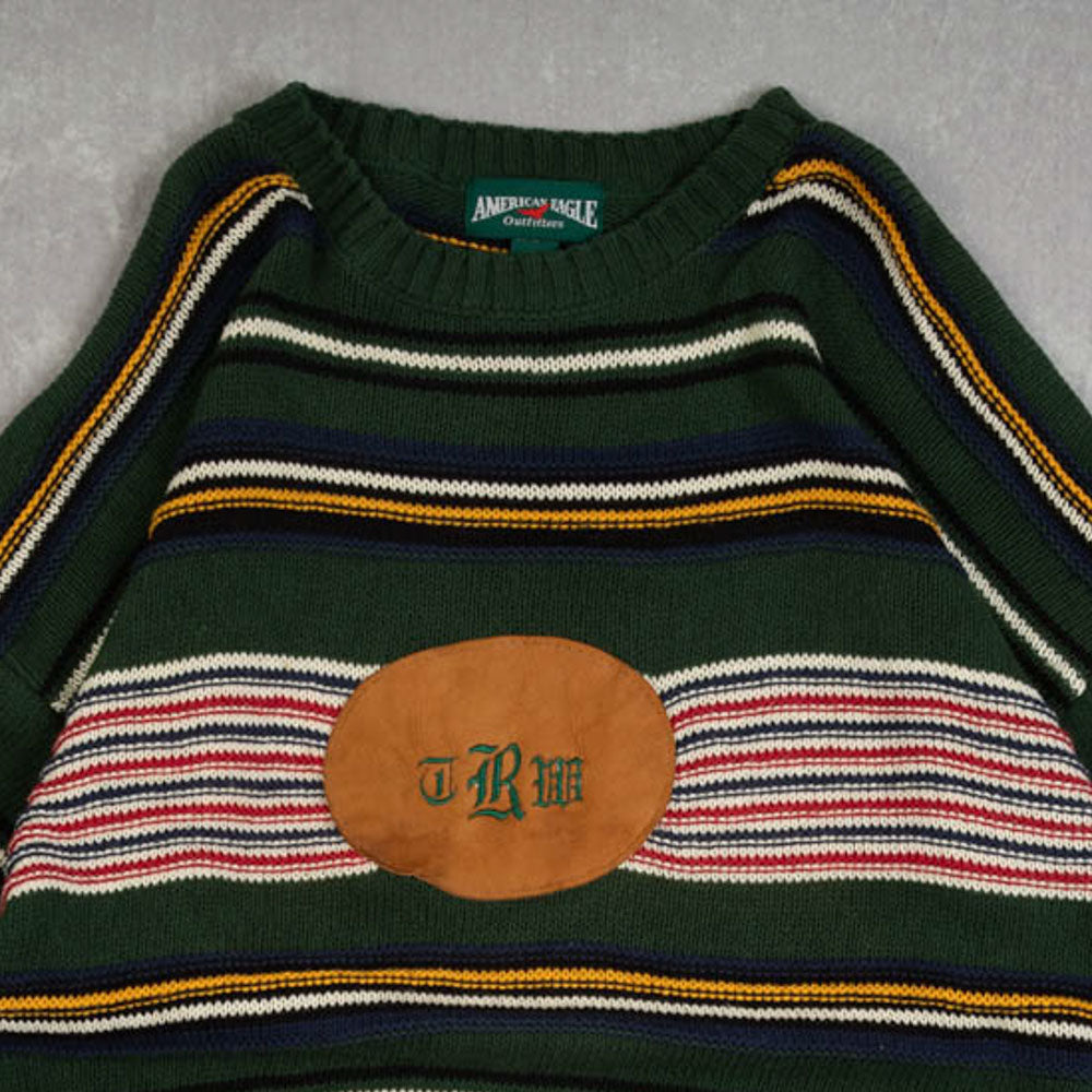 MEN'S VINTAGE 1990S STRIPED IRISH KNITTED JUMPER - XX-LARGE