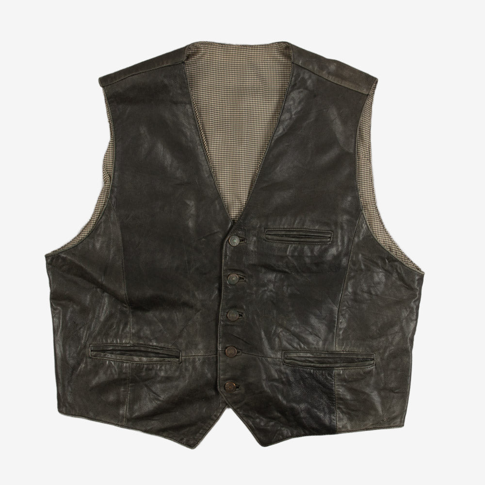 MEN'S VINTAGE 1980S LEATHER VEST JACKET - X-LARGE