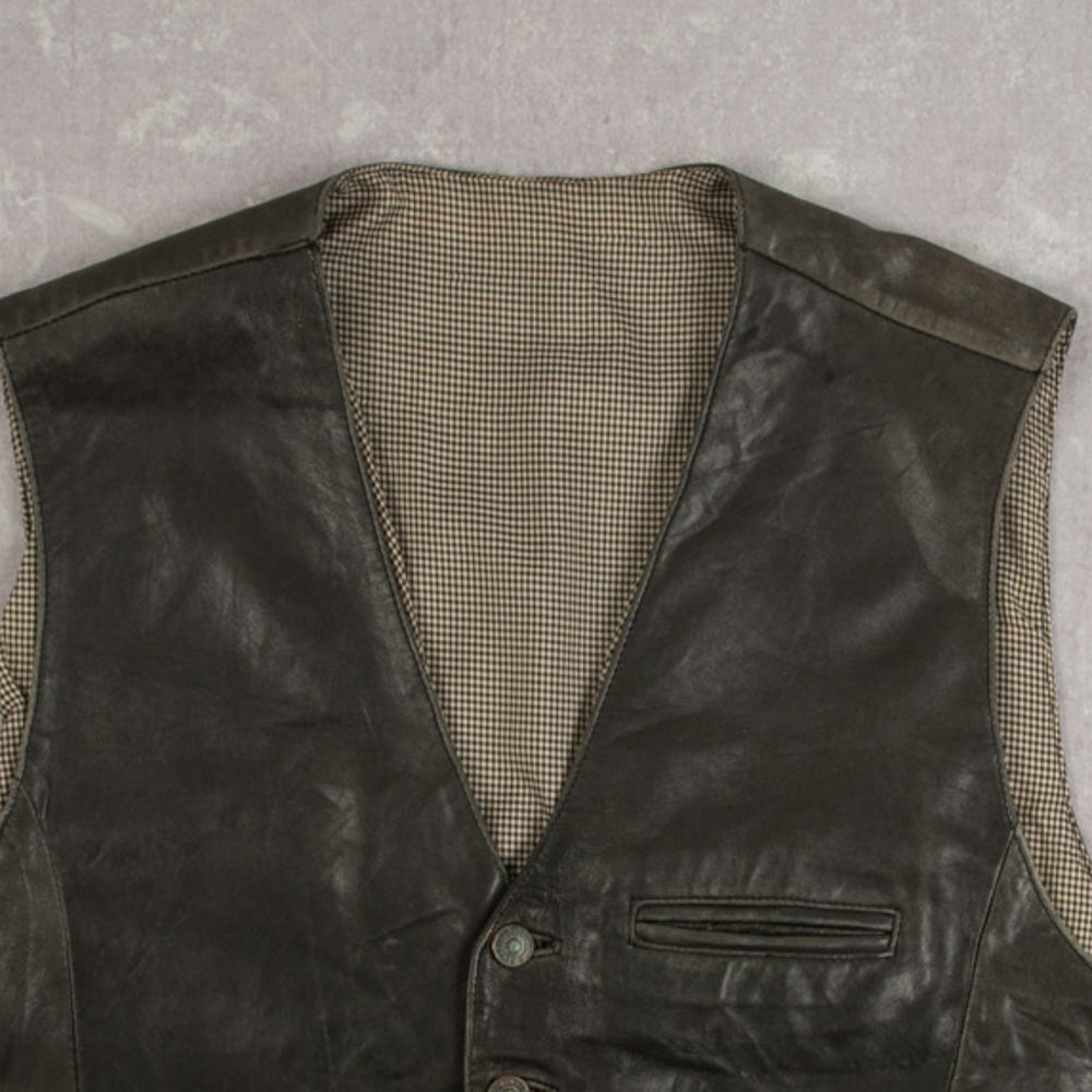 MEN'S VINTAGE 1980S LEATHER VEST JACKET - X-LARGE