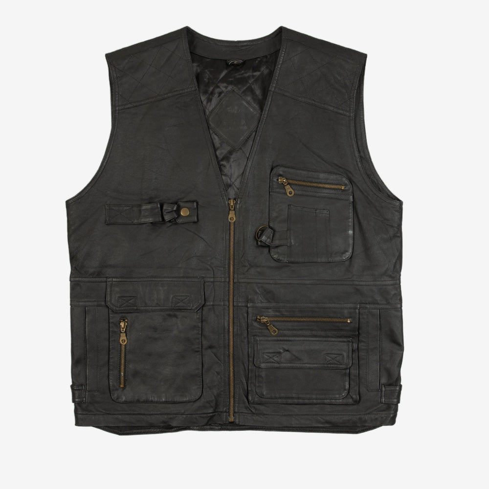 MEN'S VINTAGE 1990S LEATHER UTILITY GILET JACKET - MEDIUM
