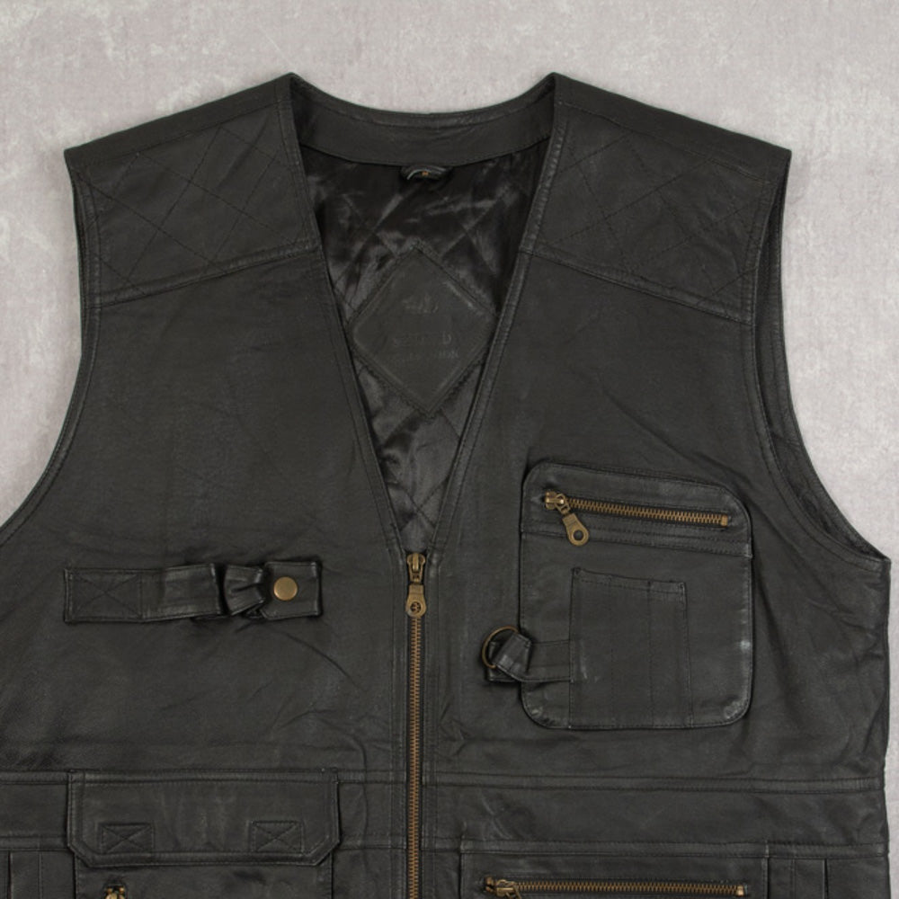 MEN'S VINTAGE 1990S LEATHER UTILITY GILET JACKET - MEDIUM