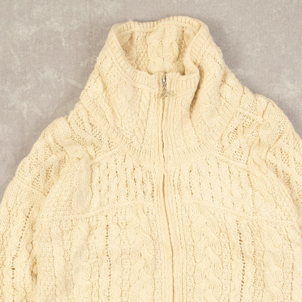 MEN'S VINTAGE 1990S FULL ZIP ARAN KNITTED CARDIGAN - SMALL
