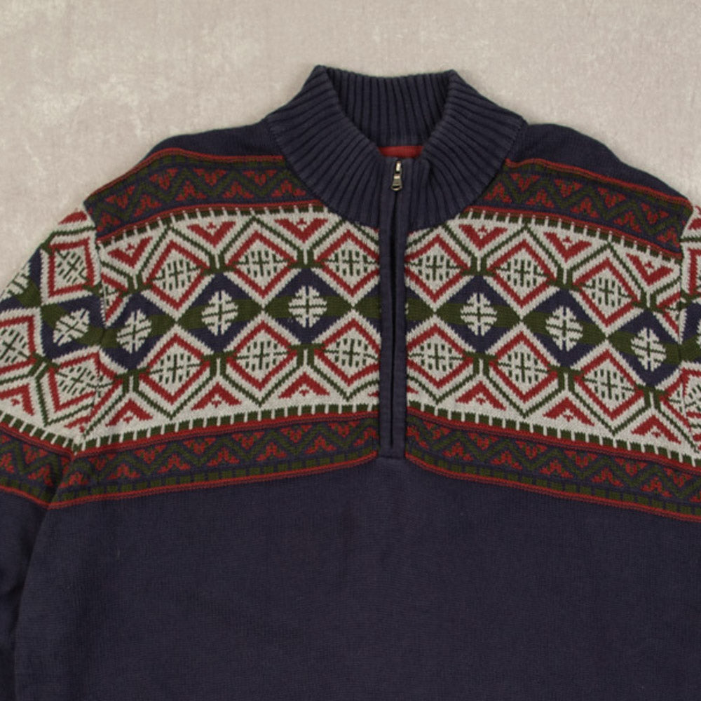 MEN'S VINTAGE IZOD QUATER ZIP PATTERNED KNITTED JUMPER - XX-LARGE
