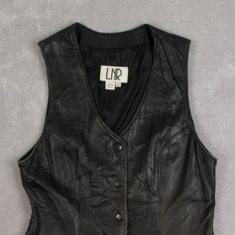 WOMEN'S VINTAGE 1980S LEATHER GILET VEST JACKET - SMALL