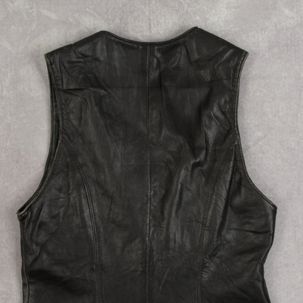 WOMEN'S VINTAGE 1980S LEATHER GILET VEST JACKET - SMALL