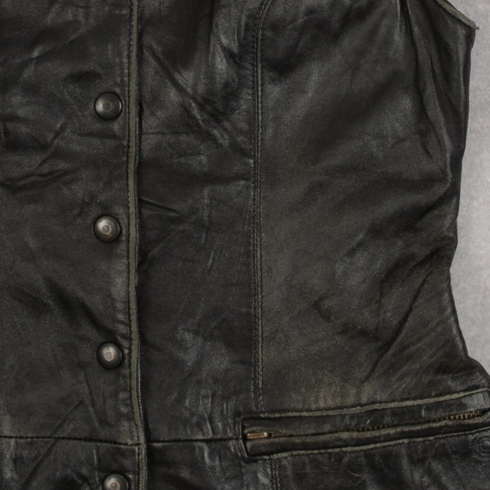 WOMEN'S VINTAGE 1980S LEATHER GILET VEST JACKET - SMALL