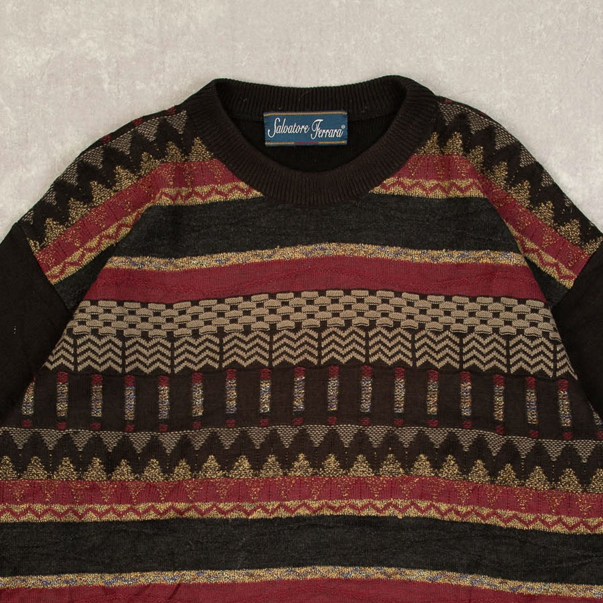 MEN'S VINTAGE 1980S STRUCTURED PATTERNED KNITTED JUMPER - LARGE