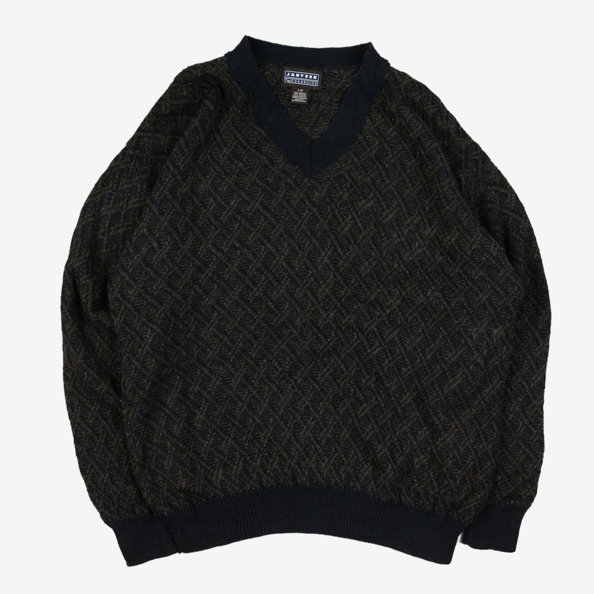 MEN'S VINTAGE 1990S STRUCTURED V-NECK KNITTED JUMPER - LARGE