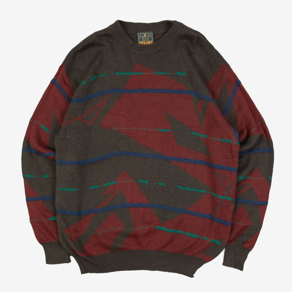 MEN'S VINTAGE 1980S STRIPED GRAPHIC PRINT KNITTED JUMPER - MEDIUM