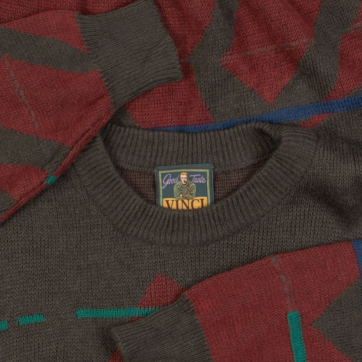 MEN'S VINTAGE 1980S STRIPED GRAPHIC PRINT KNITTED JUMPER - MEDIUM