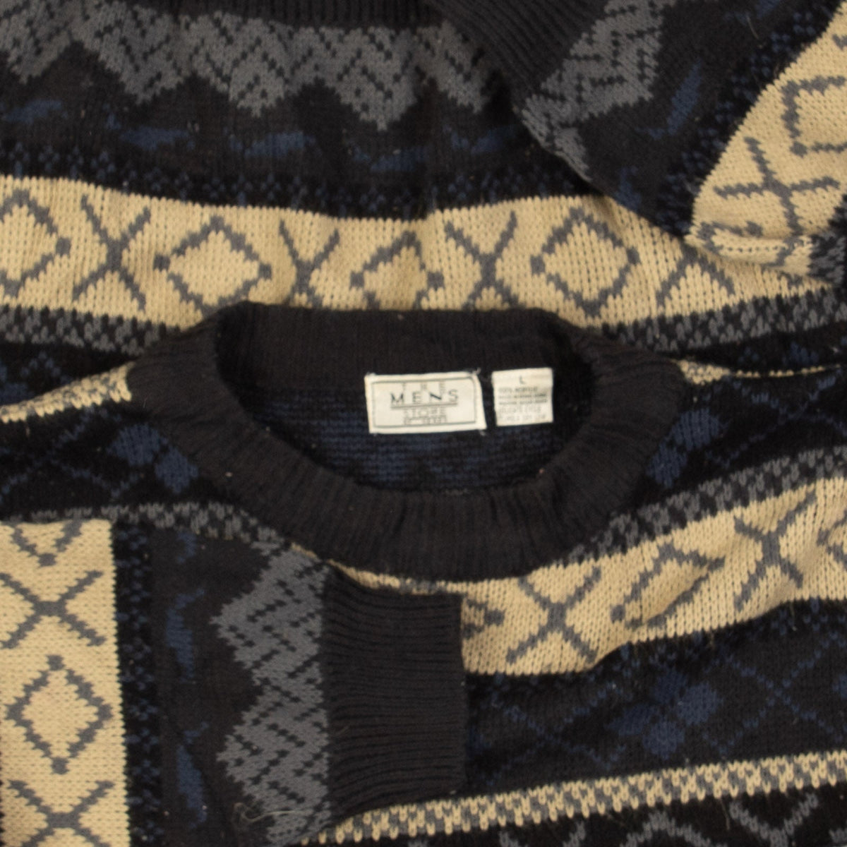 MEN'S VINTAGE 1990S SEARS PATTERNED KNITTED JUMPER - LARGE
